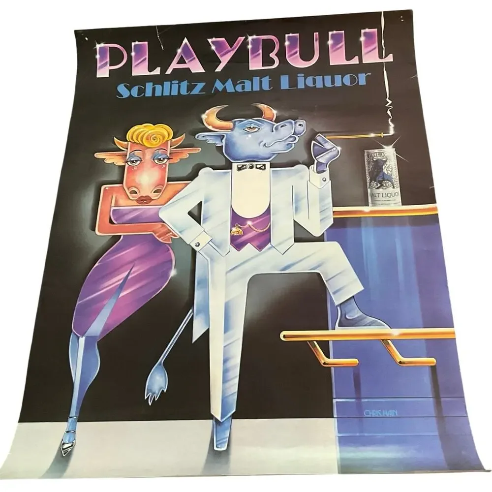 1983 Playbull Schlitz Malt Liquor Poster Chris Hain Stroh Brewery Advertising